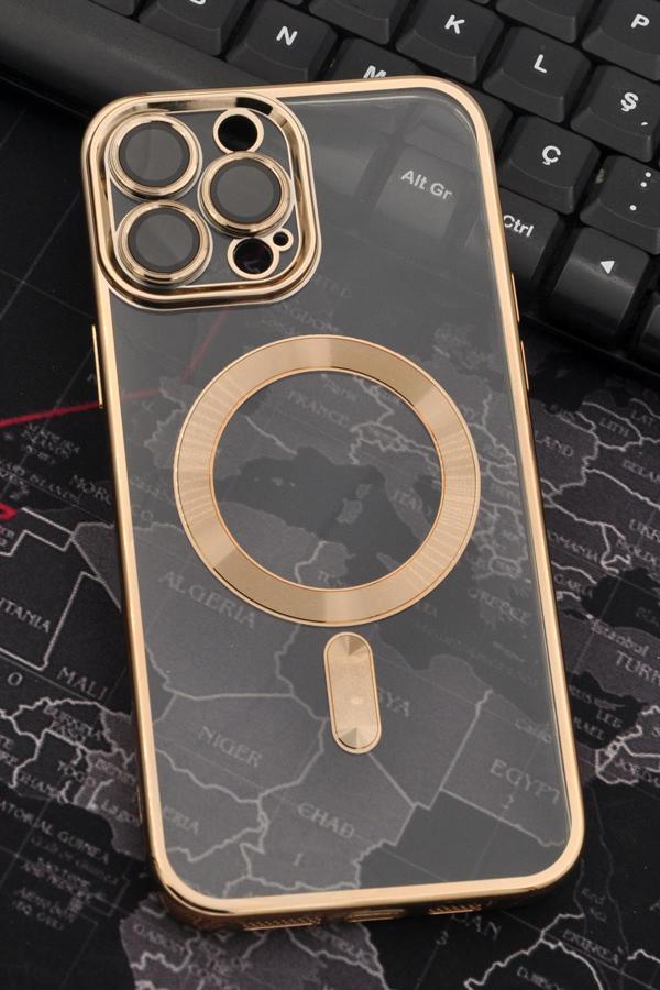 iPhone 14 Pro Max Uyumlu MagSafe Özellikli Altın Sarı Gold Renkli Kenarlı Lazerli Şeffaf Kılıf Lens Korumalı - Image 1
