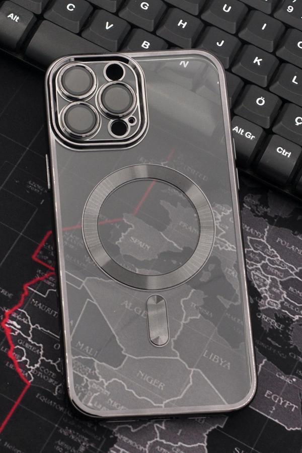 iPhone 14 Pro Max Uyumlu MagSafe Özellikli Siyah Renkli Kenarlı Lazerli Şeffaf Kılıf Lens Korumalı - Image 1