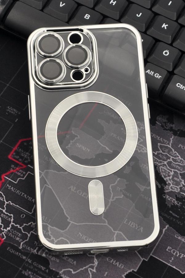 iPhone 14 Pro Uyumlu MagSafe Özellikli Gümüş Gri Silver Renkli Kenarlı Lazerli Şeffaf Kılıf Lens Korumalı - Image 1
