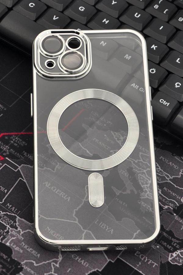 iPhone 14 Uyumlu MagSafe Özellikli Gümüş Gri Silver Renkli Kenarlı Lazerli Şeffaf Kılıf Lens Korumalı - Image 1