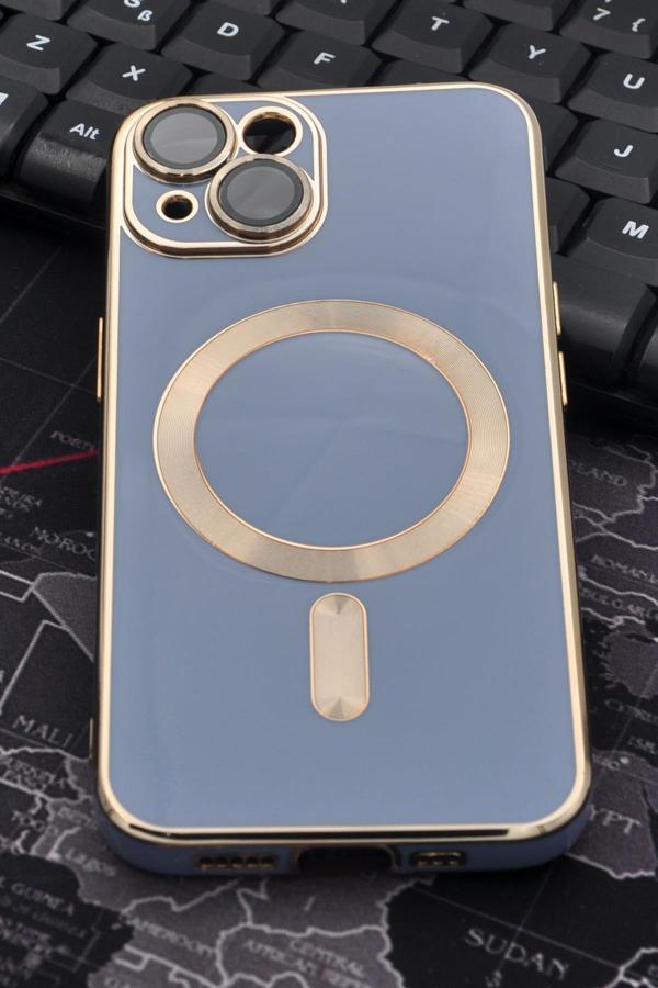 iPhone 14 Uyumlu MagSafe Özellikli Lens Korumalı Lazerli Renkli Kılıf Mavi - Image 1