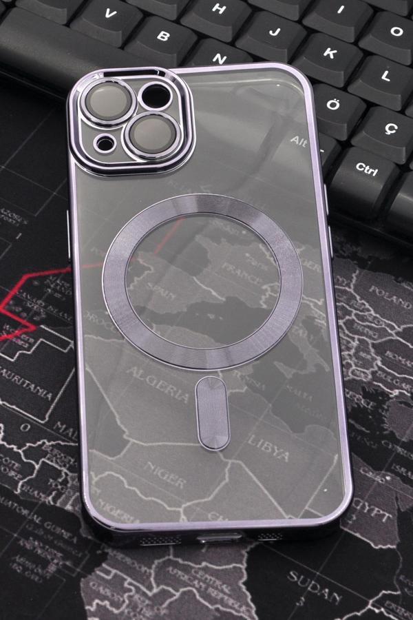 iPhone 14 Uyumlu MagSafe Özellikli Mor Renkli Kenarlı Lazerli Şeffaf Kılıf Lens Korumalı - Image 1