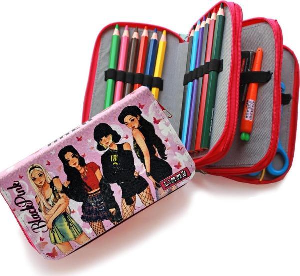 Blackpink Kelebekli Kalem Kutusu Kawai Organizer Kalemkutu Vegan Deri Üç Bölmeli Kalemlik - Pembe - Image 1