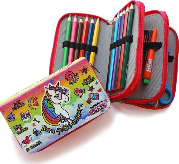 Cool Gözlüklü Unicorn Kawai Organizer Kalem Kutusu Kalemkutu Üç Bölmeli Kalemlik -Pembe - Image 1