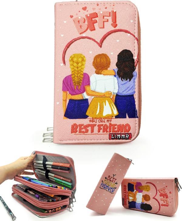 Kalem Kutusu BFF Arkadaş Best Friends Desenli Organizer Kalemkutu Vegan Deri Üç Bölmeli Kalemlik - Image 1