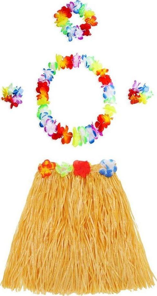 Yetişkin ve Çocuk Uyumlu Luau Aloha Hawaii Turuncu Etek ve Renkli Kolye Taç 2 Adet Bileklik Seti - Image 1