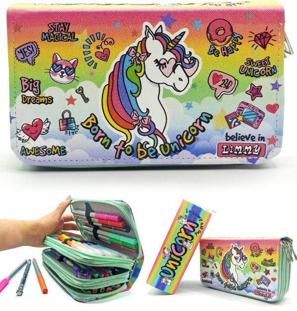 Kalem Kutusu Unicorn Cool Tarz Kawai Organizer Kalemkutu Vegan Deri Üç Bölmeli Kalemlik - Yeşil - Image 1