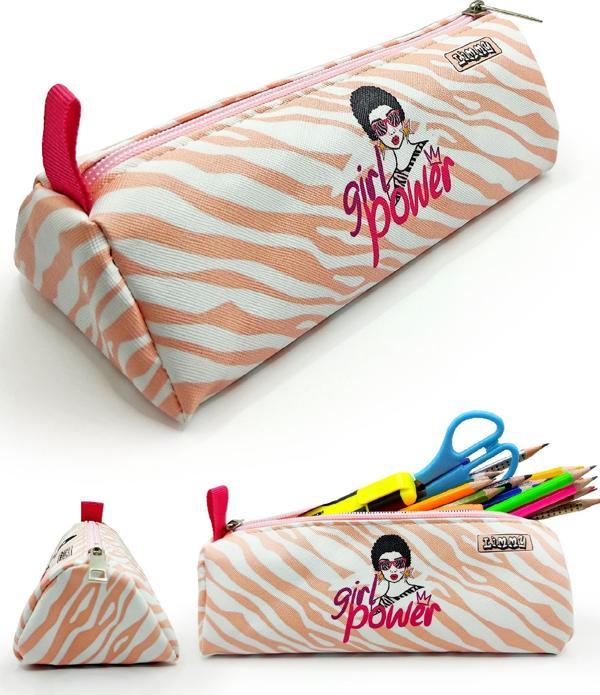 Kalem Kutusu Zebra Desenli Üçgen Kalemkutu Jumbo Vegan Deri Kalemlik - Pembe(Nude) - Image 1