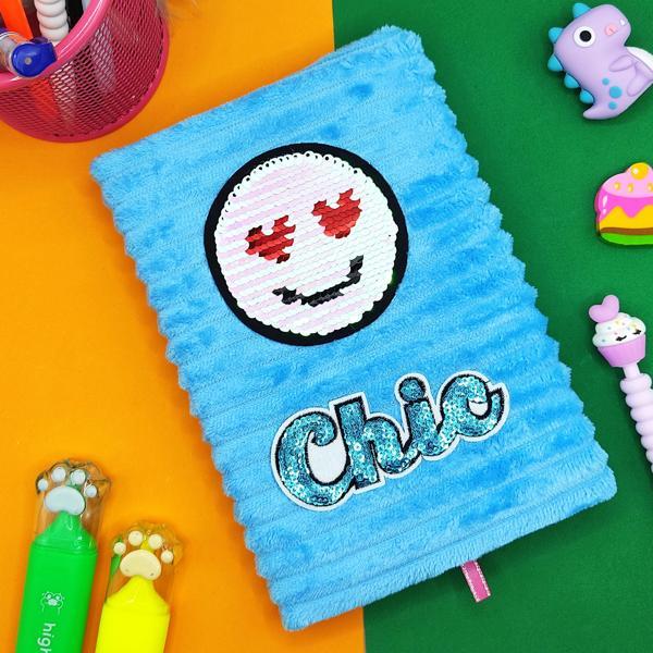 Peluş Pullu Not Defteri (20X13 cm) , 60 Yaprak, Kalpli Gülenyüz - Mavi - Image 1