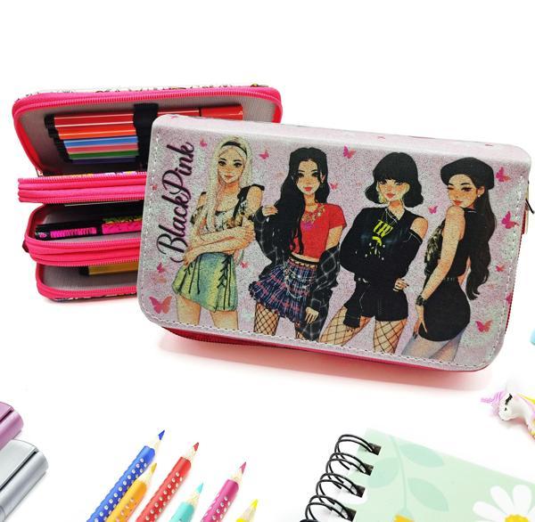 Simli Işıltılı Blackpink Kalem Kutusu Vegan Deri Kalemkutu Üç Bölmeli Kalemlik - Pembe - Image 1