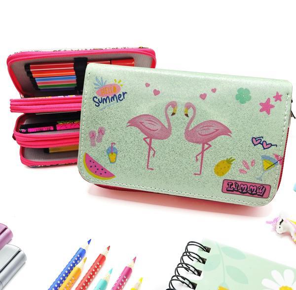 Simli Işıltılı Kuğu Flamingo Kalem Kutusu Vegan Deri Kalemkutu Üç Bölmeli Kalemlik - Pembe - Image 1