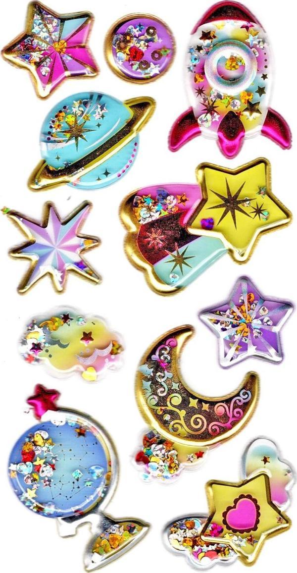 Sticker Kabartmalı Stiker Defter, Planlayıcı Etiket (pullu-803) - 17X9 cm - Gezegen Roket Yıldız - Image 1
