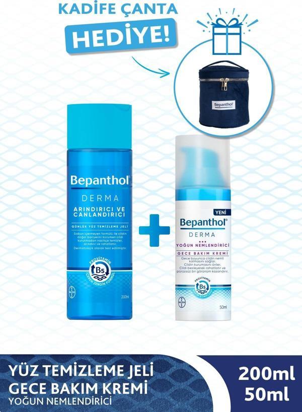 Bepanthol Derma Yüz Temizleme Jeli 200ml + Yoğun Nemlendirici Gece Bakım Kremi 50ml + Kadife Çanta Hediye - Image 1