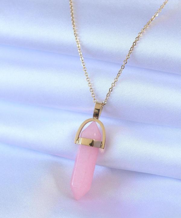 316L Çelik Gold Renk Kristal Pembe Taş Model Kadın kolye - Image 1