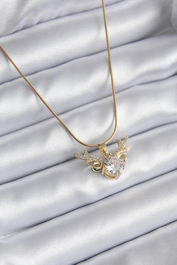 316L Çelik Gold Renk Zirkon Taşlı Boynuz Model Kadın Kolye - Image 1
