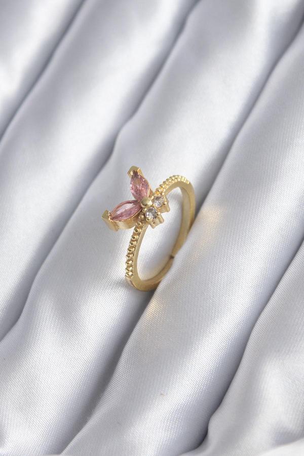 Gold Renk Pembe Zirkon Taşlı Kelebek Model Kadın Yüzük - Image 1