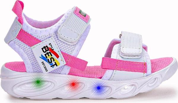 Kiko Kids 100 Işıklı Kız/Erkek Çocuk Cırtlı Sandalet Ayakkabı 100 Beyaz - Pembe - Image 1