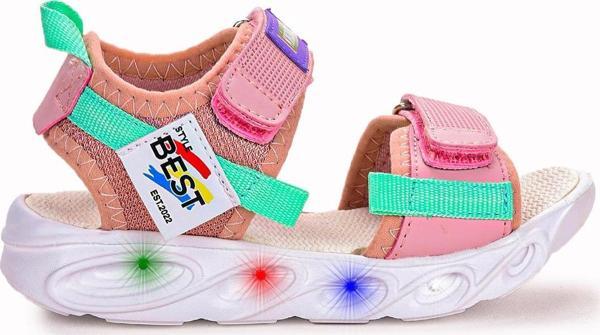 Kiko Kids 100 Işıklı Kız/Erkek Çocuk Cırtlı Sandalet Ayakkabı 100 Pudra - Yeşil - Image 1