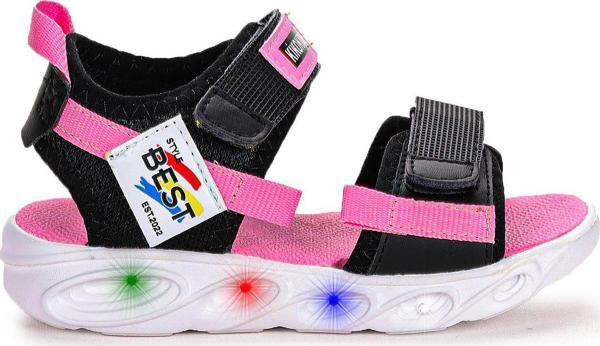 Kiko Kids 100 Işıklı Kız/Erkek Çocuk Cırtlı Sandalet Ayakkabı 100 Siyah - Pembe - Image 1
