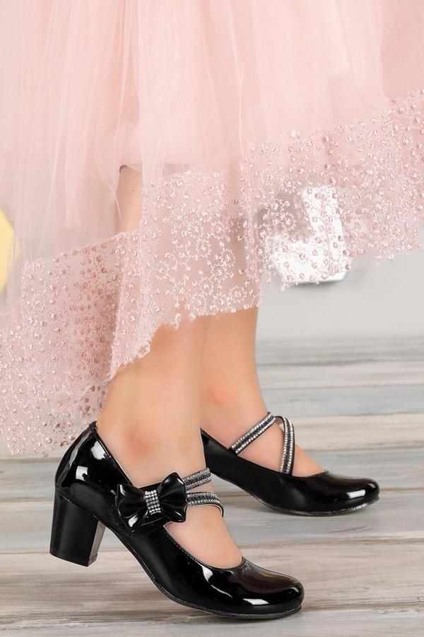Kiko Kids 750 Rugan Günlük Kız Çocuk 4 Cm Topuklu Babet Ayakkabı Siyah - Image 1