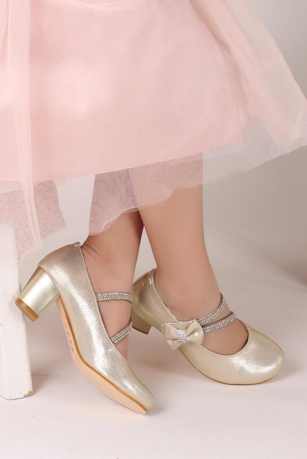 Kiko Kids 750 Vakko Günlük Kız Çocuk 4 Cm Topuklu Babet Ayakkabı Altın - Image 1