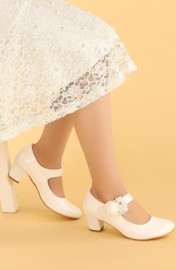 Kiko Kids 751 Rugan Günlük Kız Çocuk 4 Cm Topuklu Babet Ayakkabı Beyaz - Image 1