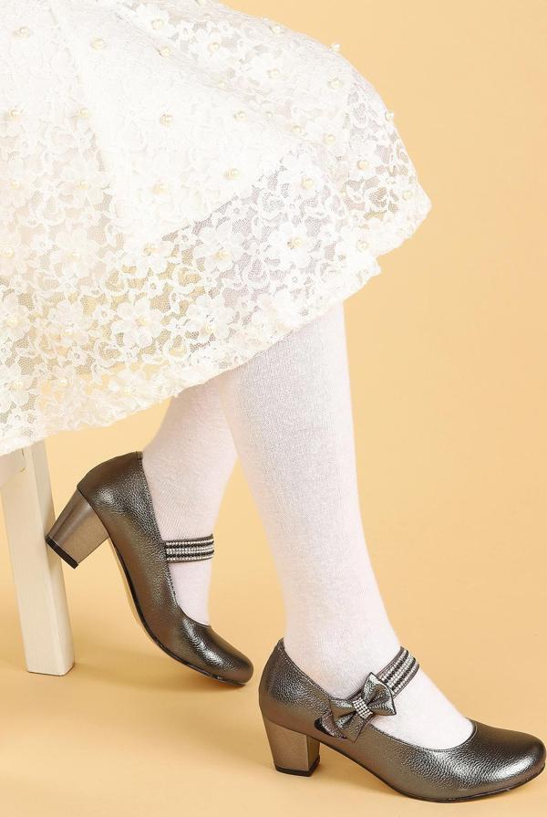 Kiko Kids 752 Vakko Günlük Kız Çocuk 4 Cm Topuklu Babet Ayakkabı Platin - Image 1