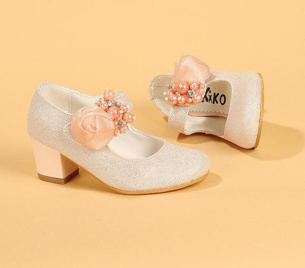 Kiko Kids 751 Simli Günlük Kız Çocuk 4 Cm Topuklu Babet Ayakkabı Pudra - Image 1