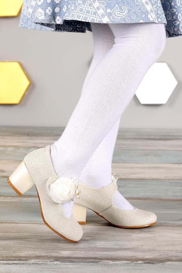 Kiko Kids 751 Simli Günlük Kız Çocuk 4 Cm Topuklu Babet Ayakkabı Sedef - Image 1