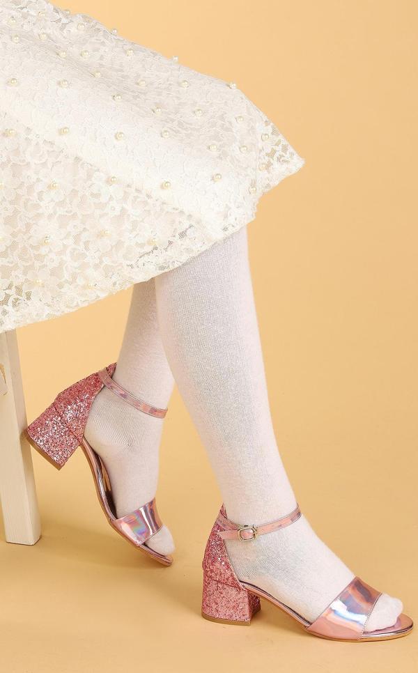 Kiko Kids 768 Ayna Çam Günlük Kız Çocuk 3 Cm Topuklu Sandalet Ayakkabı Pudra - Image 1