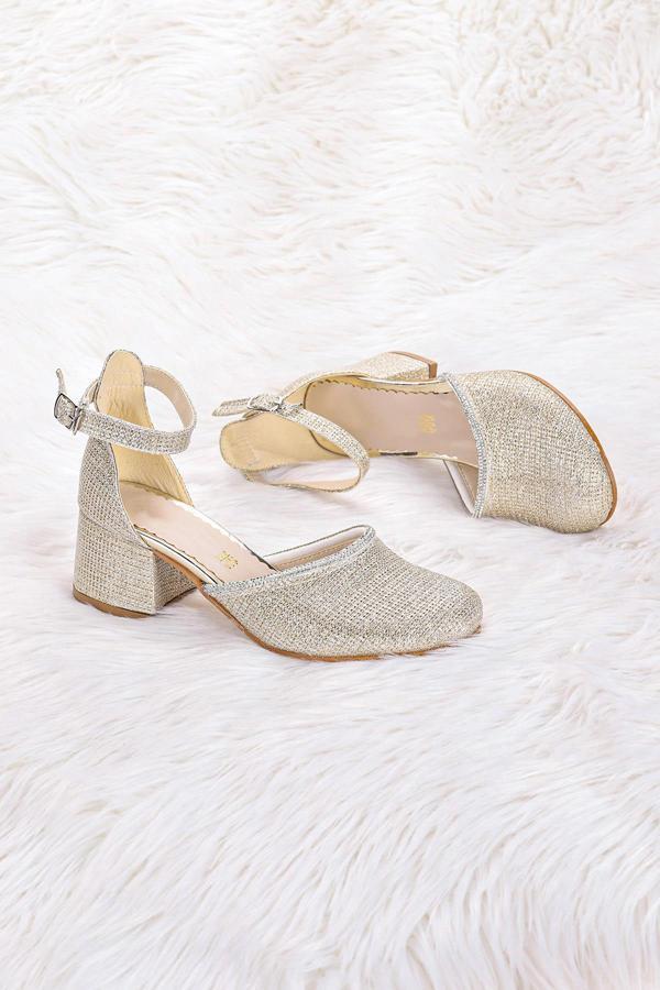 Kiko Kids 771 Çupra Taşlı Kız Çocuk 5 Cm Topuklu Sandalet Ayakkabı Altın - Image 1