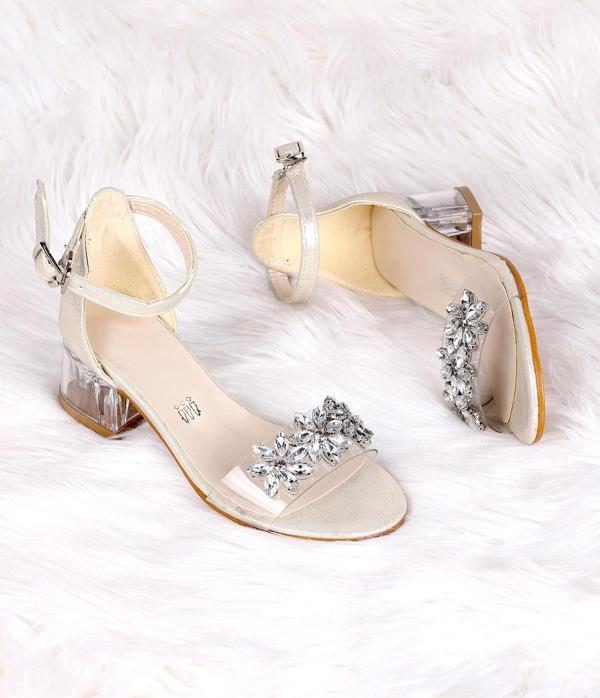 Kiko Kids 790 Vakko Taşlı Kız Çocuk 3 Cm Şeffaf Topuklu Sandalet Ayakkabı Altın - Image 1