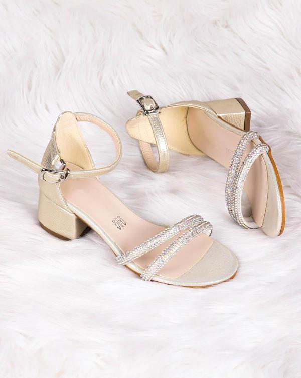 Kiko Kids 791 Vakko Taşlı Kız Çocuk 3 Cm Topuklu Sandalet Ayakkabı Altın - Image 1