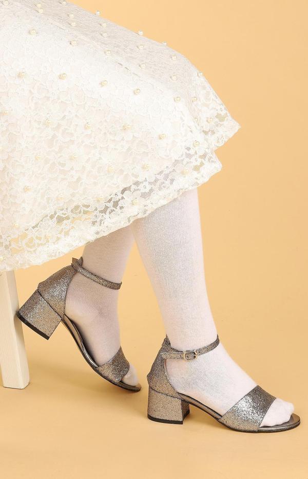 Kiko Kids 769 Kum Simli Günlük Kız Çocuk 4 Cm Topuklu Sandalet Ayakkabı Platin - Image 1