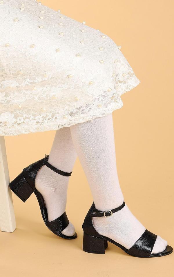 Kiko Kids 769 Kum Simli Günlük Kız Çocuk 4 Cm Topuklu Sandalet Ayakkabı Siyah - Image 1