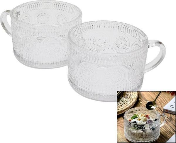 2 PARÇA 410ML ARON TRANSPARENT KULPLU DESENLİ CAM KASE BARDAK  - Image 1