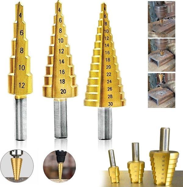 3 lü Set Matkap Ucu Kademeli Sac Delme Aparatı HSS Titanyum Kaplama  - Image 1