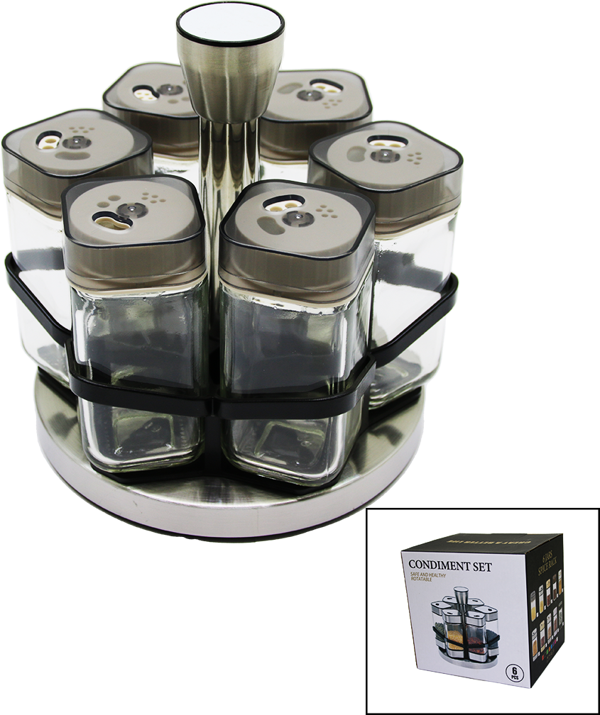 6 ADET  KARE CAM - PLASTİK KAPAK TUZLUK - BAHARATLIK DÖNER STANDLI  - Image 1