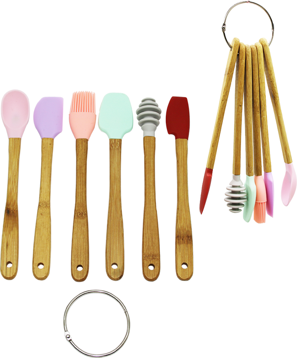 6 ADET  MiNİ AHŞAP SAPLI SİLİKON MUTFAK SET  - Image 1