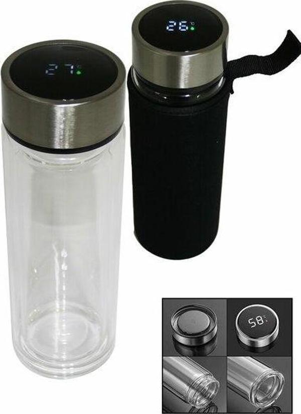Dijital Sıcaklık Göstergeli Koruma Kılıflı Cam Termos - 500 ML   - Image 1
