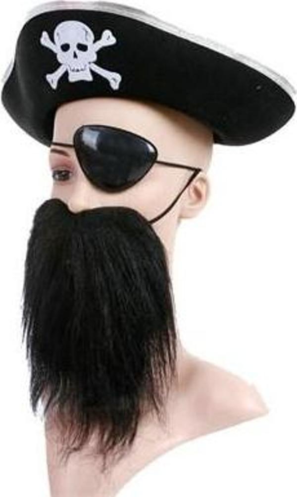 Gümüş Renk Korsan Şapkası Sakalı ve Göz Bandı Çocuk Boy  - Image 1