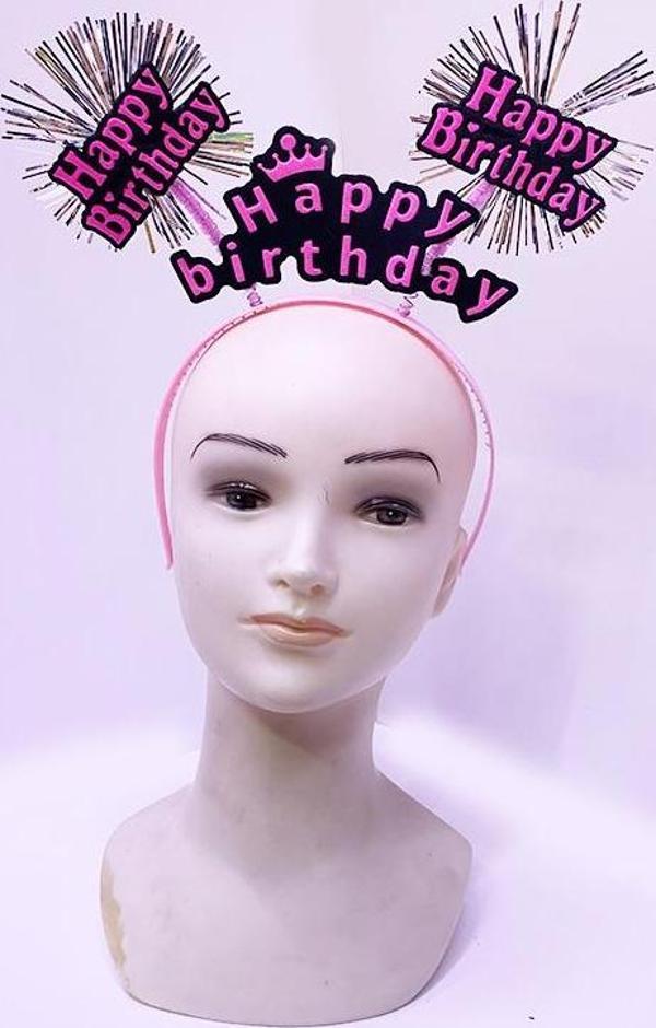 Happy Birthday Püsküllü Neon Pembe Renk Doğum Günü Tacı 22x19 cm  - Image 1