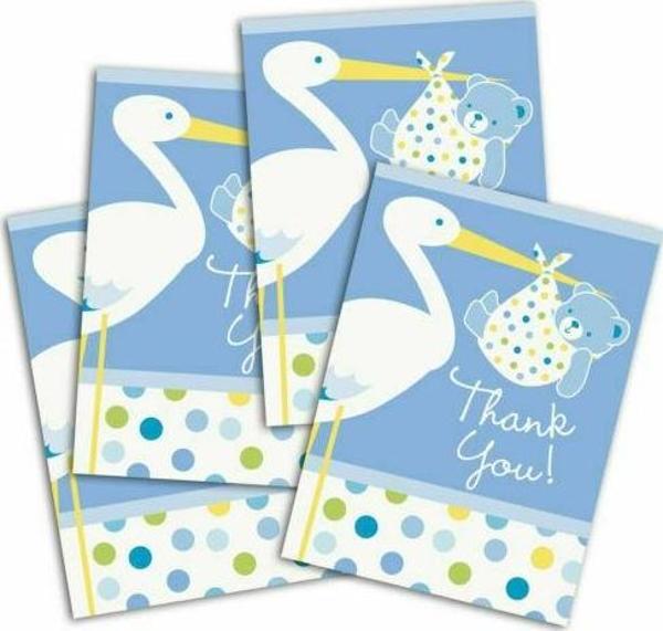 Mavi Renk Baby Stork Baby Shower Teşekkür Zarfı ve Not Seti 8 Adet  - Image 1