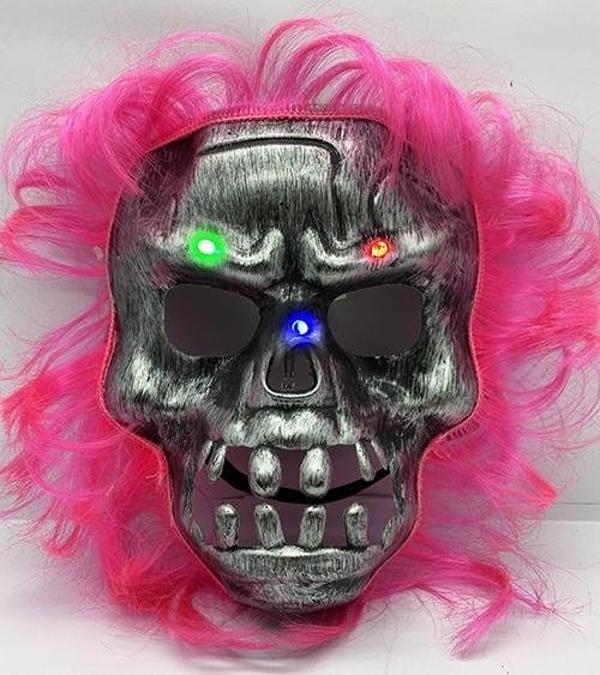 Pembe Saçlı Led Işıklı Kuru Kafa İskelet Korku Maskesi 22x25 cm  - Image 1