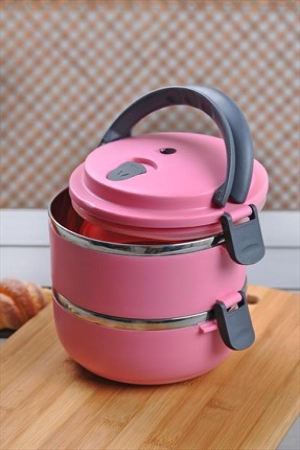 Sefer Tası Yemek Termosu Saklama Kabı Termosu 2li - ÇELİK Pembe  - Image 1