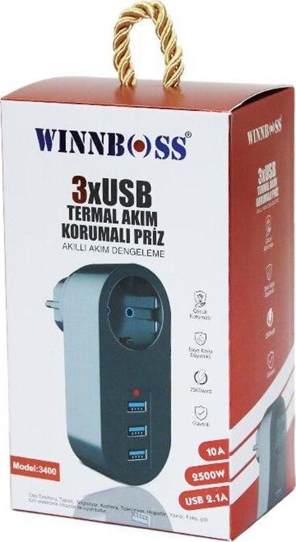 SİYAH TERMAL AKIM KORUMALI  1XPRİZ 3XUSB DUVAR TİPİ PRİZ 10A - 2500W  - Image 1