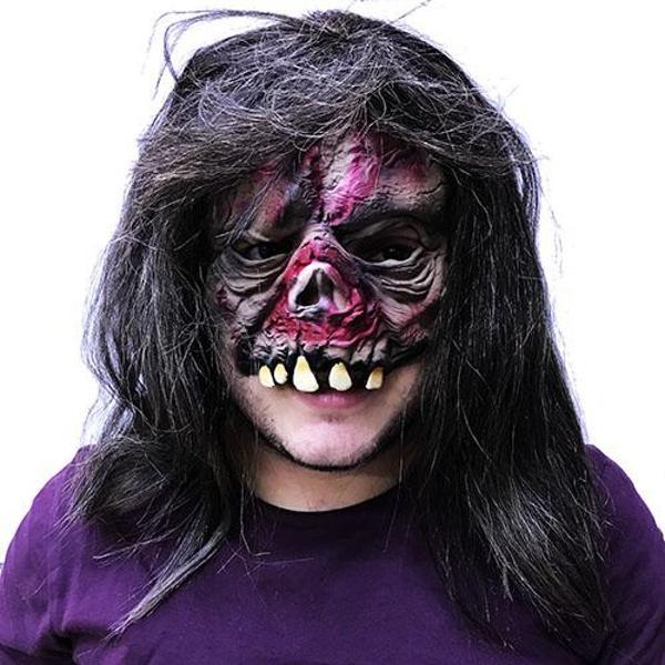 Uzun Siyah Saçlı Yarım Surat Dişli Zombi Lateks Et Maske  - Image 1
