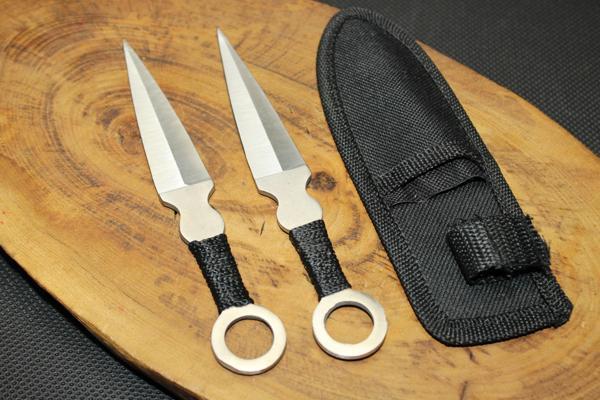 17 cm Gümüş Renk Siyah İp Detaylı 2li Fırlatma Çelik Çakı  - Image 1