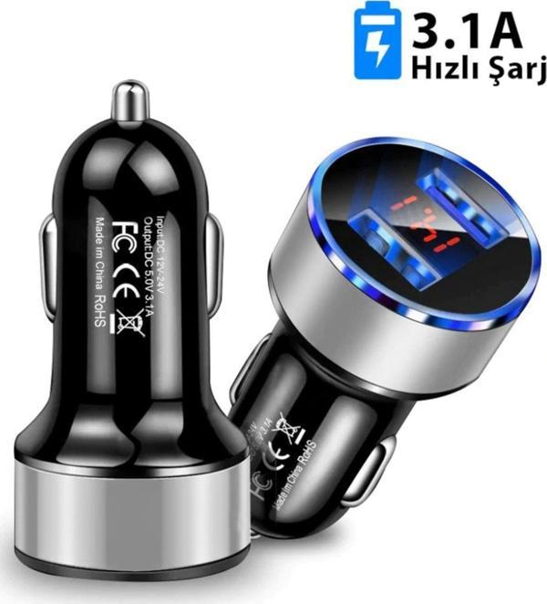 Çakmaklık Oto Araç Hızlı Şarj Aleti 3.1a Usb Çift Girişli Siyah Led Ekranlı - Image 1