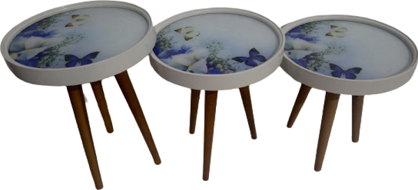 Zigon 19627 Sehpa Çember MAVİ KELEBEK Model Kayın Retro 3 Ayak Üstü Cam El Yapım - Image 1